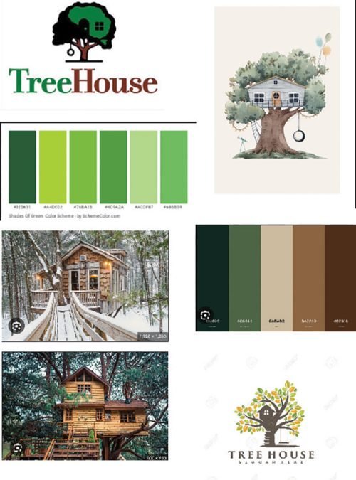 mood board with tree houses and green color palette